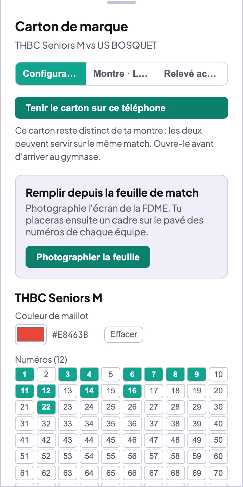 Fenêtre Carton de marque d'un match, onglet Configuration : bouton Tenir le carton sur ce téléphone, l'encadré Remplir depuis la feuille de match, puis la couleur de maillot et la grille des numéros cochés de l'équipe recevante