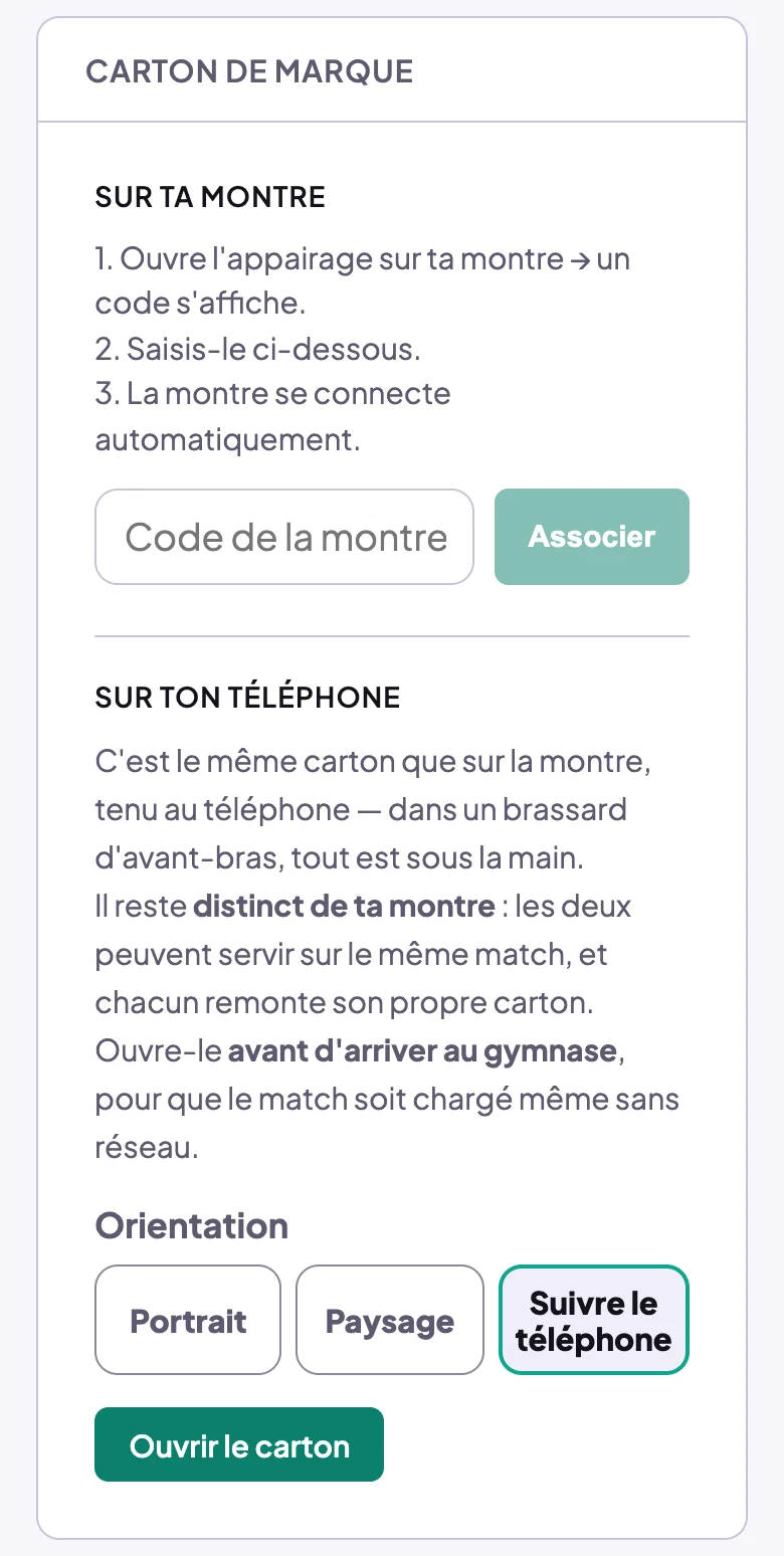 Mon profil, carte Carton de marque : volet Sur ta montre, avec les trois étapes de l'appairage, le champ Code de la montre et le bouton Associer, puis volet Sur ton téléphone, avec l'orientation Portrait, Paysage ou Suivre le téléphone et le bouton Ouvrir le carton