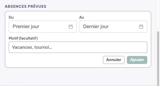 Formulaire d'absence avec les champs Du, Au et Motif