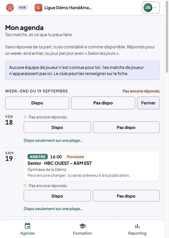 Agenda ouvert sur Selon les jours : une réponse par jour et le lien Dispo seulement sur une plage