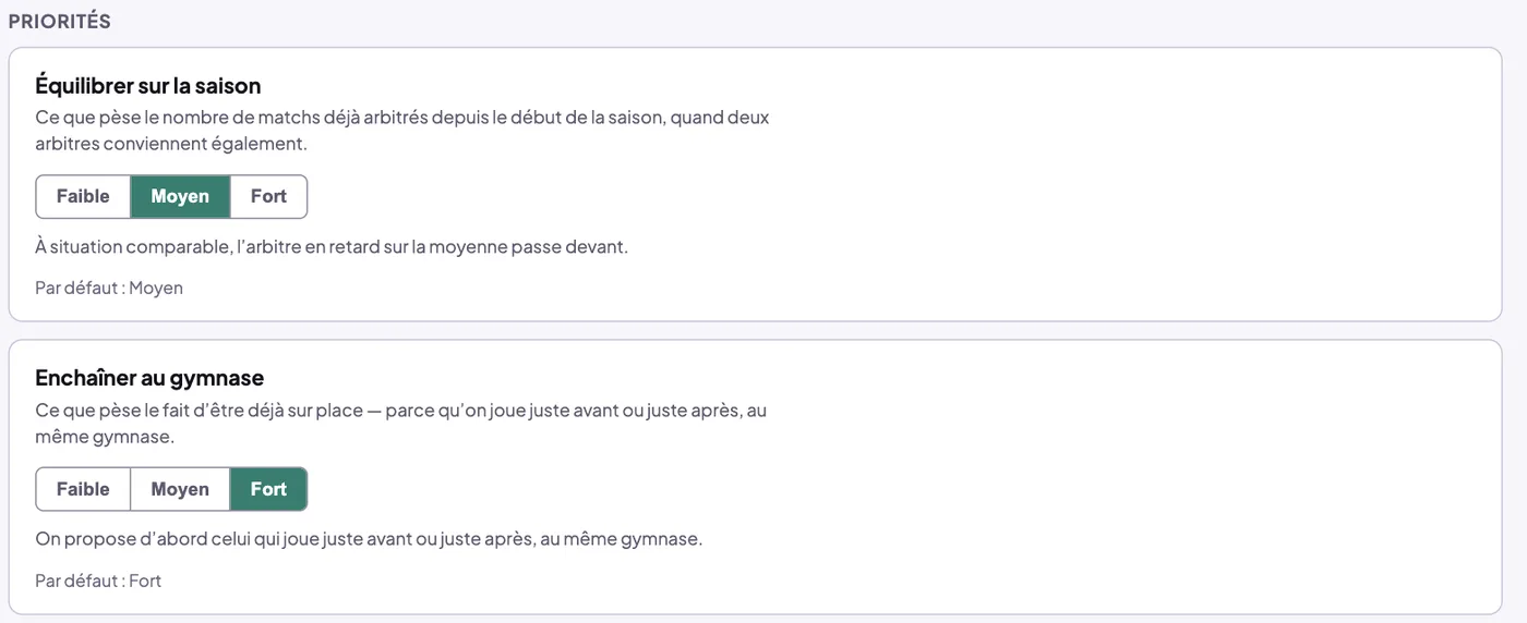 Réglages des désignations, section Priorités : crans Faible, Moyen, Fort et la phrase qui décrit leur effet