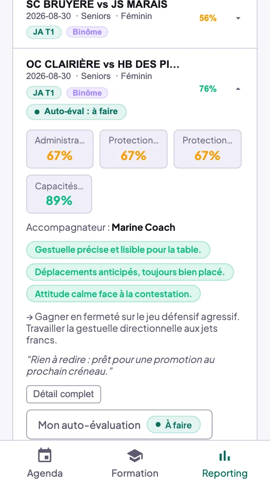 Reporting d'un arbitre sur téléphone : une fiche dépliée avec la pastille Auto-éval à faire, les familles en pourcentage, l'accompagnateur, les points forts, les pistes, le commentaire, Détail complet et Mon auto-évaluation À faire