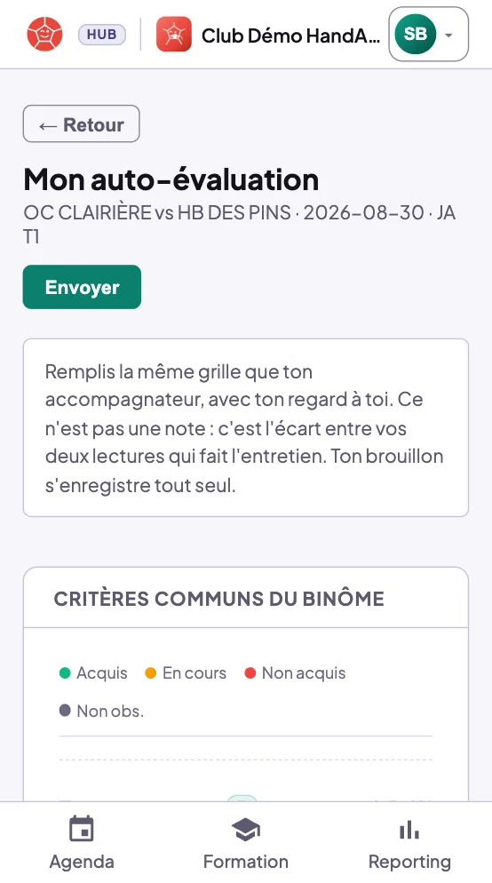 Écran Mon auto-évaluation : bouton Envoyer, texte d'explication et début de la grille des critères communs du binôme