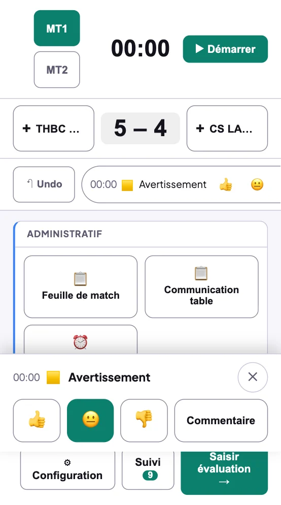 Fiche rapide ouverte après un tap sur Avertissement : pouce levé, neutre, pouce baissé et Commentaire