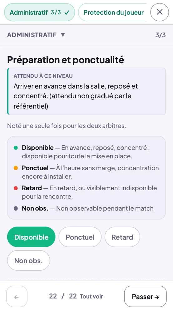 Parcours guidé : le critère Préparation et ponctualité, l'attendu du niveau, les descriptions des quatre réponses et le compteur 22 sur 22