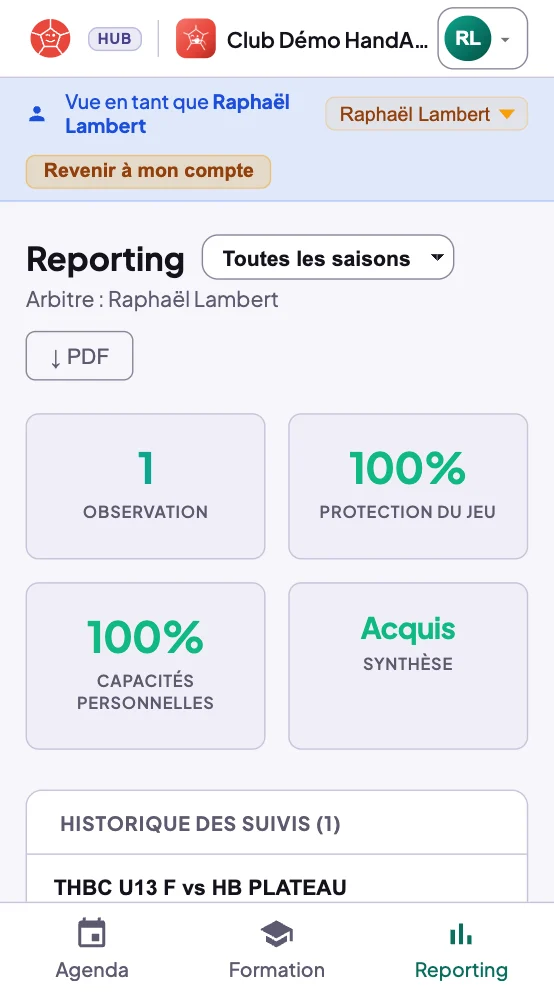 Reporting vu par un parent basculé sur son enfant : bandeau Vue en tant que, bouton Revenir à mon compte, statistiques et historique des suivis