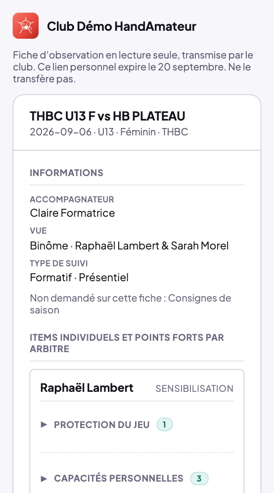 Page du lien de consultation : nom du club, rappel lecture seule avec la date d'expiration, puis la fiche d'observation