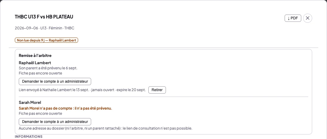 Détail d'une fiche en binôme avec la pastille Non lue depuis 9 j, qui ne nomme que l'arbitre dont le parent peut ouvrir la fiche, et le panneau Remise à l'arbitre : pour lui, son parent prévenu, fiche pas encore ouverte et un lien envoyé au parent ; pour l'autre, sans compte, non prévenu et absent de la pastille ; boutons Demander le compte à un administrateur et Retirer