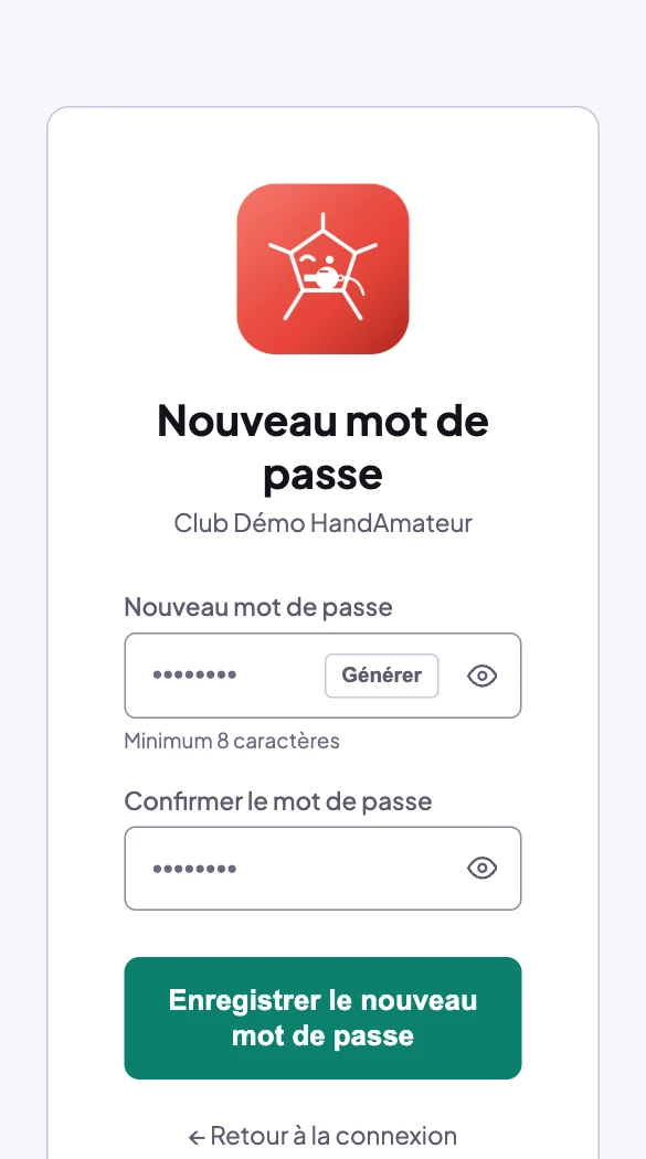 Page Nouveau mot de passe au nom du club : champ avec le bouton Générer, Minimum 8 caractères, confirmation, bouton Enregistrer le nouveau mot de passe