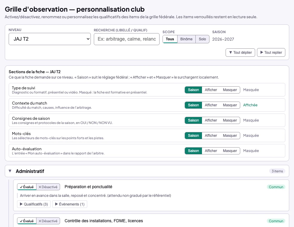 Grille d'observation sur le niveau JAJ T2 : sections de la fiche avec Saison, Afficher, Masquer, puis les items avec Évalué et Désactivé