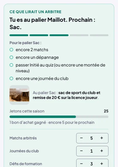 Aperçu Ce que lirait un arbitre : Tu es au palier Maillot, prochain Sac, la liste de ce qui manque, la photo du sac, les jetons en bons d'achat, et les réglages du jeune imaginaire