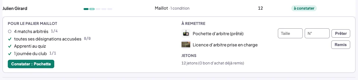Fiche d'un arbitre dépliée : conditions du palier Maillot avec leurs compteurs, bouton Constater : Pochette, et à remettre la pochette d'arbitre à prêter et la licence prise en charge