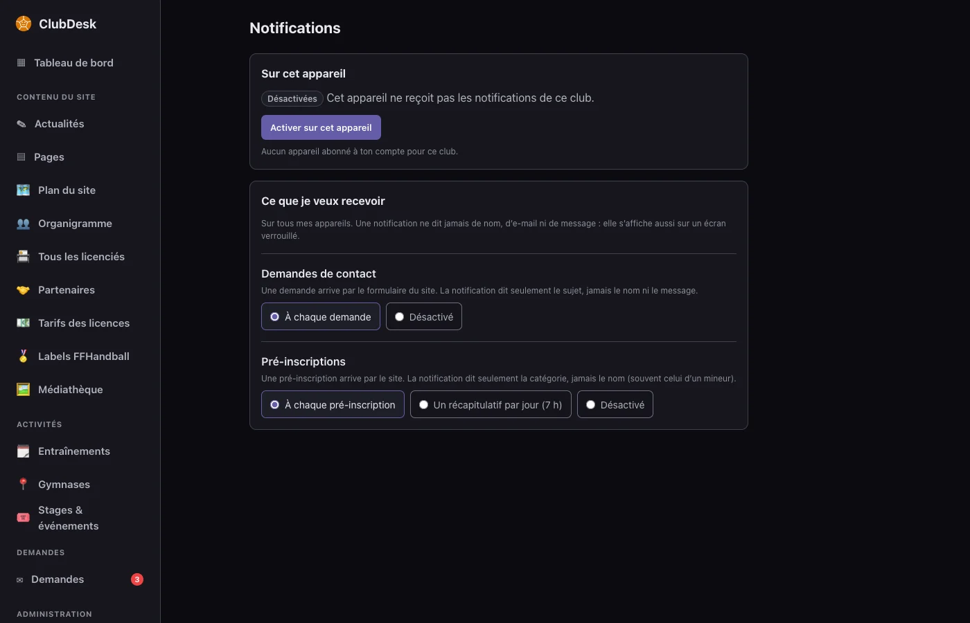 Écran Notifications : Sur cet appareil, Désactivées, avec le bouton Activer sur cet appareil ; Ce que je veux recevoir, pour les demandes de contact et les pré-inscriptions