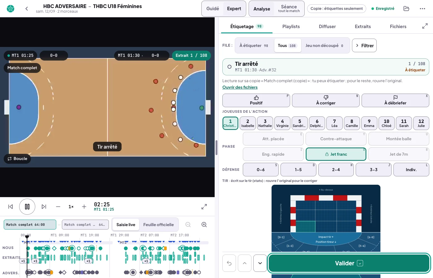 Le poste d'analyse sur une copie recompressée et calée, 2 morceaux : en tête, la pastille Copie : étiquettes seulement ; la frise porte Match complet et Match complet (copie) ; l'onglet Actions a disparu, l'onglet Étiquetage reste, avec sous la carte Tir arrêté la note Lecture sur sa copie « Match complet (copie) » : tu peux étiqueter ; pour le reste, rouvre l'original. Ouvrir des fichiers ; la section Tir dit écrit sur le tir (stats) : rouvre l'original pour le corriger