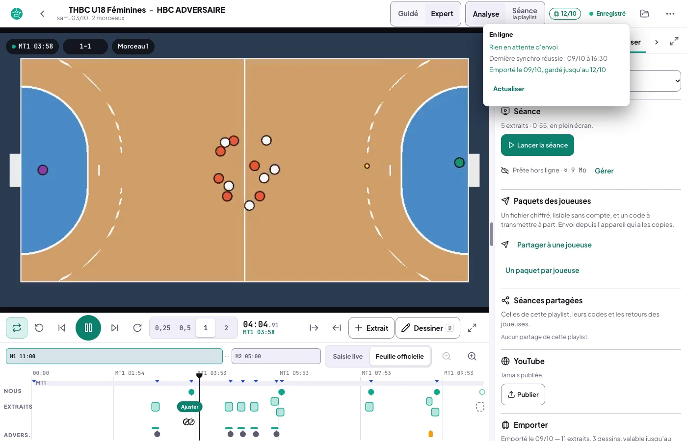 Le point de synchro de l'en-tête, ouvert : En ligne, Rien en attente d'envoi, Dernière synchro réussie : 09/10 à 16:30, Emporté le 09/10, gardé jusqu'au 12/10, avec Actualiser ; à côté, la pastille 12/10 des copies ; dessous, l'onglet Diffuser