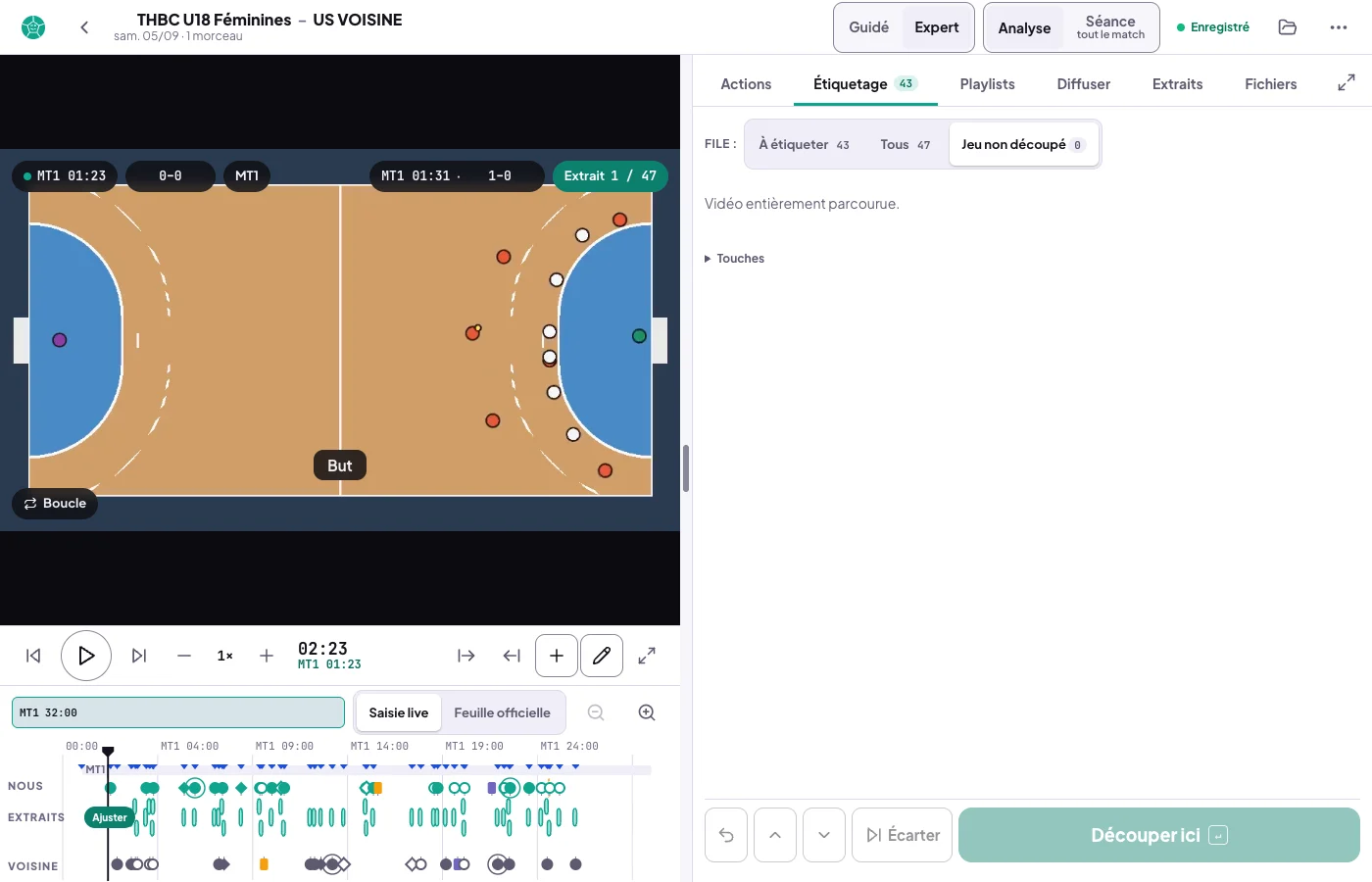 Le second match U18F, filmé en MT1 seulement : la frise ne porte que la MT1 ; onglet Étiquetage, File Jeu non découpé 0, et la phrase de fin de file Vidéo entièrement parcourue. ; Écarter et Découper ici grisés