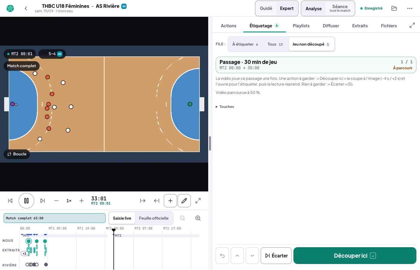 Onglet Étiquetage, File Jeu non découpé 1, sur le match saisi à la vidéo : la carte Passage · 30 min de jeu, MT2 00:00 → 30:00, 1 sur 1, À parcourir ; l'aide, la vidéo joue ce passage une fois, Découper ici ou Écarter (S) ; Vidéo parcourue à 50 % ; dans la barre du bas, Écarter et Découper ici