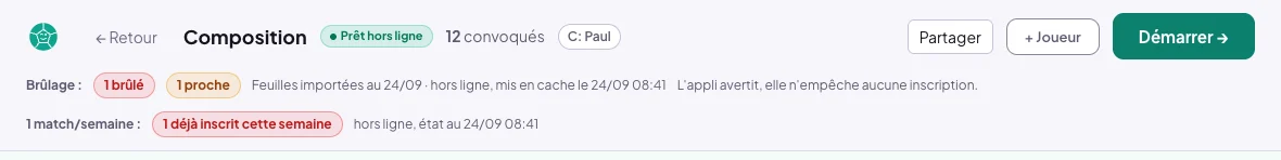 En-tête de la même compo hors ligne : Feuilles importées au 24/09, hors ligne, mis en cache le 24/09 ; 1 match/semaine : hors ligne, état au 24/09