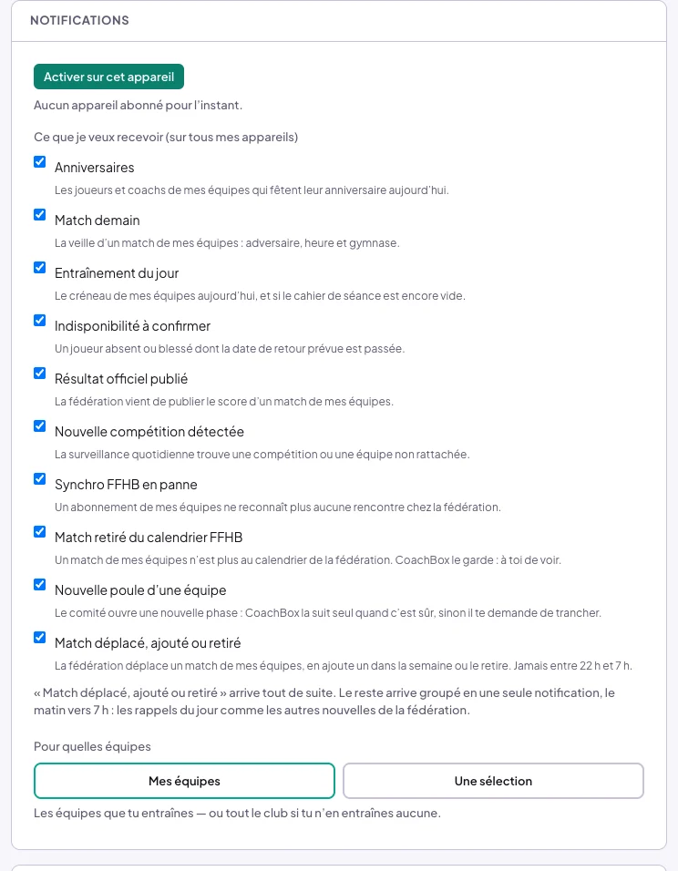 Mon profil, carte Notifications : Activer sur cet appareil, dix cases dont Résultat officiel publié, Nouvelle compétition détectée, Synchro FFHB en panne, Match retiré du calendrier FFHB, Nouvelle poule d’une équipe et Match déplacé, ajouté ou retiré, la phrase qui dit ce qui arrive tout de suite, et le choix Mes équipes ou Une sélection