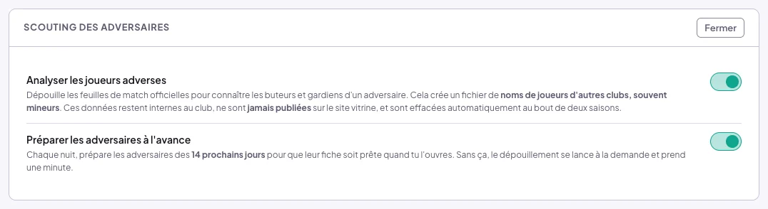 Abonnements FFHB, carte Scouting des adversaires dépliée : Analyser les joueurs adverses, avec son avertissement sur les noms de joueurs d'autres clubs souvent mineurs, et Préparer les adversaires à l'avance, les 14 prochains jours