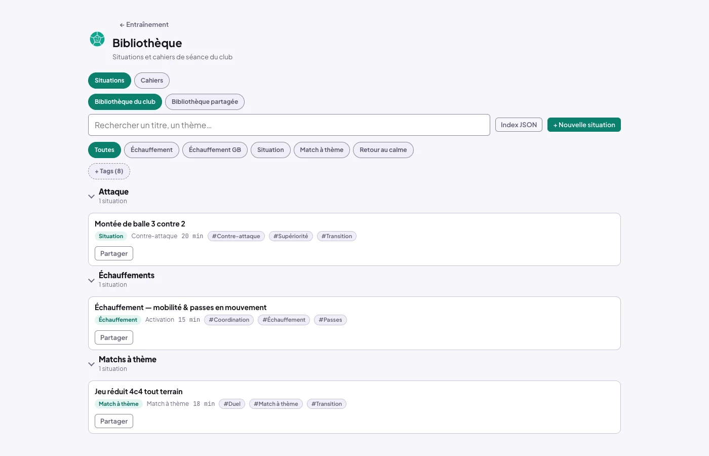 Bibliothèque, onglet Situations : les onglets Bibliothèque du club et Bibliothèque partagée, la recherche, les filtres par type et les situations rangées par dossier