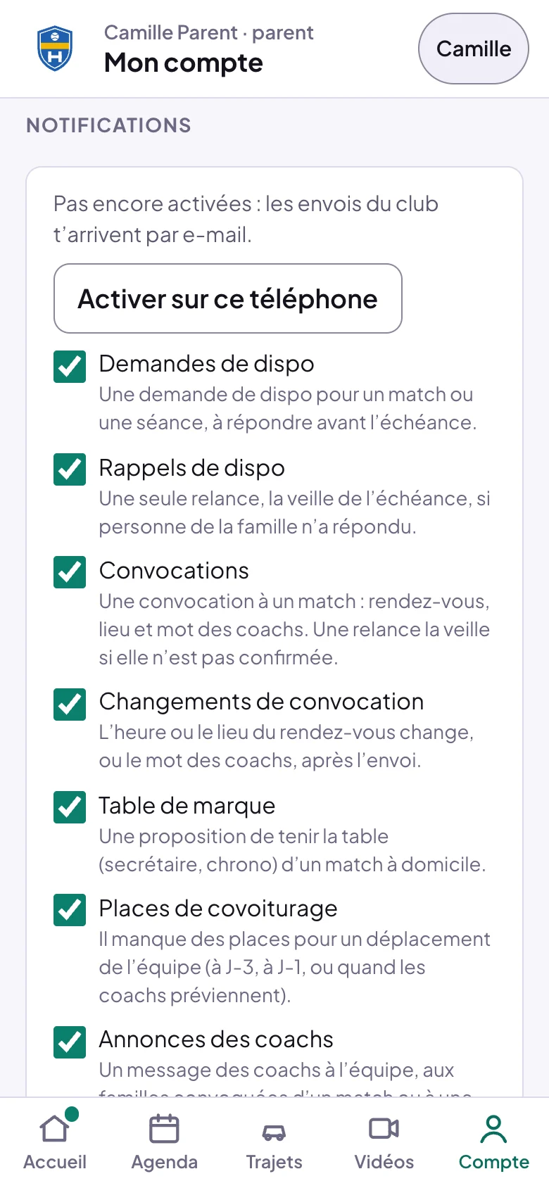 Mon compte, section Notifications : Pas encore activées : les envois du club t'arrivent par e-mail ; Activer sur ce téléphone ; les cases cochées Demandes de dispo, Rappels de dispo, Convocations, Changements de convocation, Table de marque, Places de covoiturage, Annonces des coachs, chacune avec sa phrase