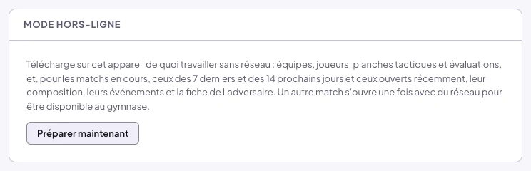 Carte Mode hors-ligne du profil : description de ce qui est téléchargé et bouton Préparer maintenant