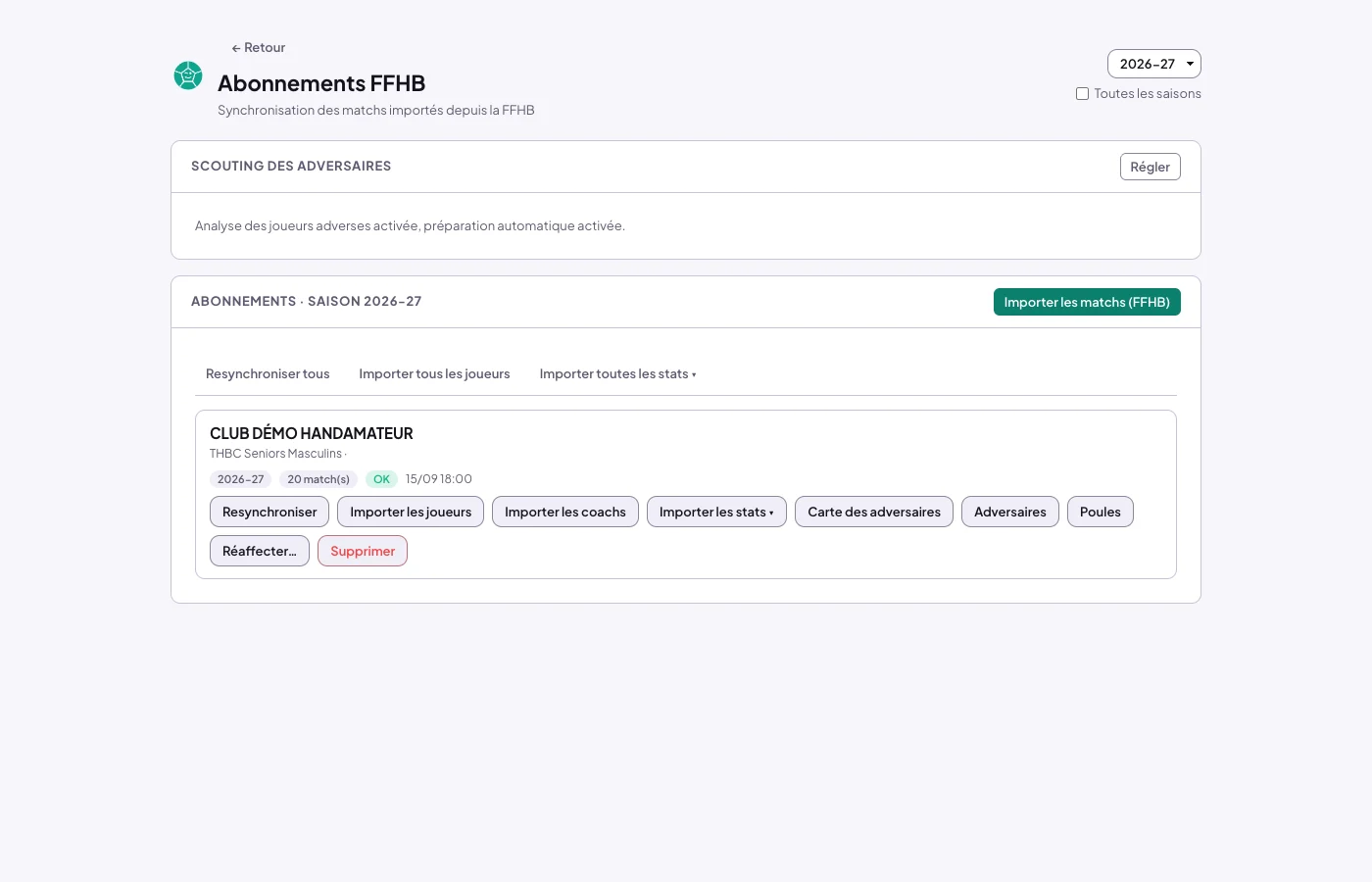 Page Abonnements FFHB : les compétitions suivies par équipe, avec leur état et les actions Resynchroniser et Poules