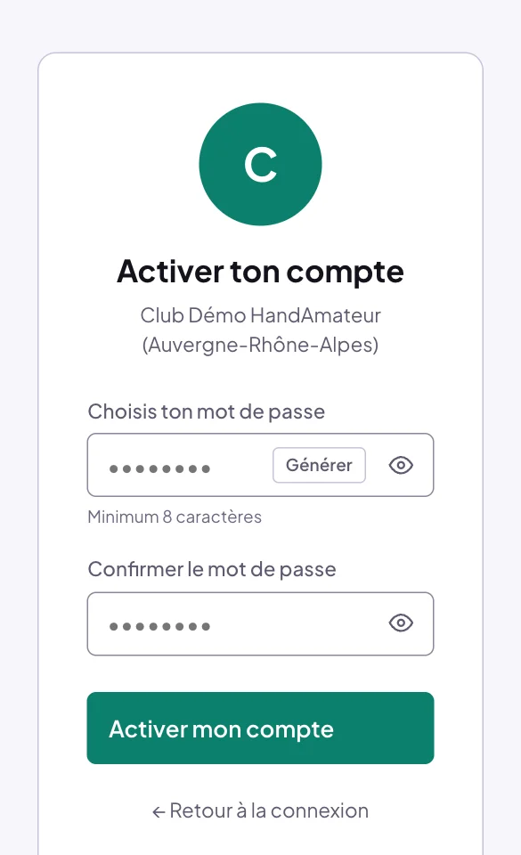 Page Activer ton compte : champs Choisis ton mot de passe et Confirmer le mot de passe, bouton Activer mon compte