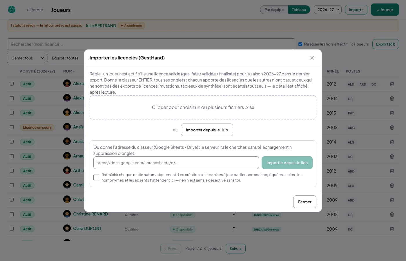 Assistant Importer les licenciés (GestHand) : la règle, la zone de choix du fichier .xlsx