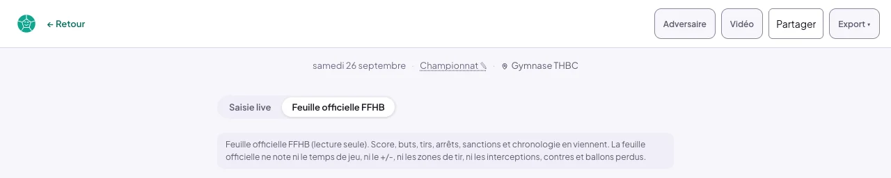 Feuille de match : la bascule Saisie live et Feuille officielle FFHB, cette dernière choisie, et sa note : Feuille officielle FFHB (lecture seule). Score, buts, tirs, arrêts, sanctions et chronologie en viennent. La feuille officielle ne note ni le temps de jeu, ni le +/-, ni les zones de tir, ni les interceptions, contres et ballons perdus.