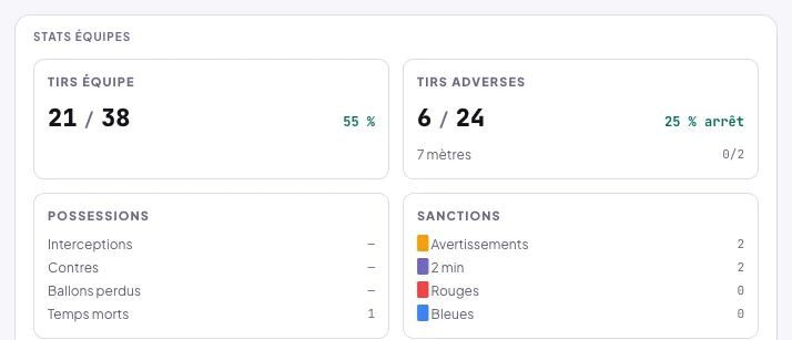 Stats équipes d'un match connu par la feuille officielle seule : Tirs équipe 21 sur 38 sans détail par contexte, Tirs adverses 6 sur 24 avec le seul contexte 7 mètres ; Possessions : interceptions, contres et ballons perdus à tiret, 1 temps mort ; Sanctions