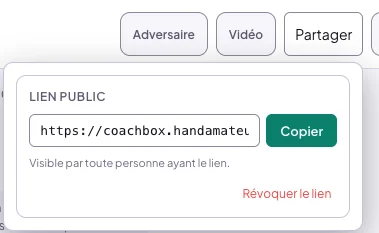 Bouton Partager de la feuille de match ouvert : Lien public, l'adresse à copier, Copier, Visible par toute personne ayant le lien, Révoquer le lien