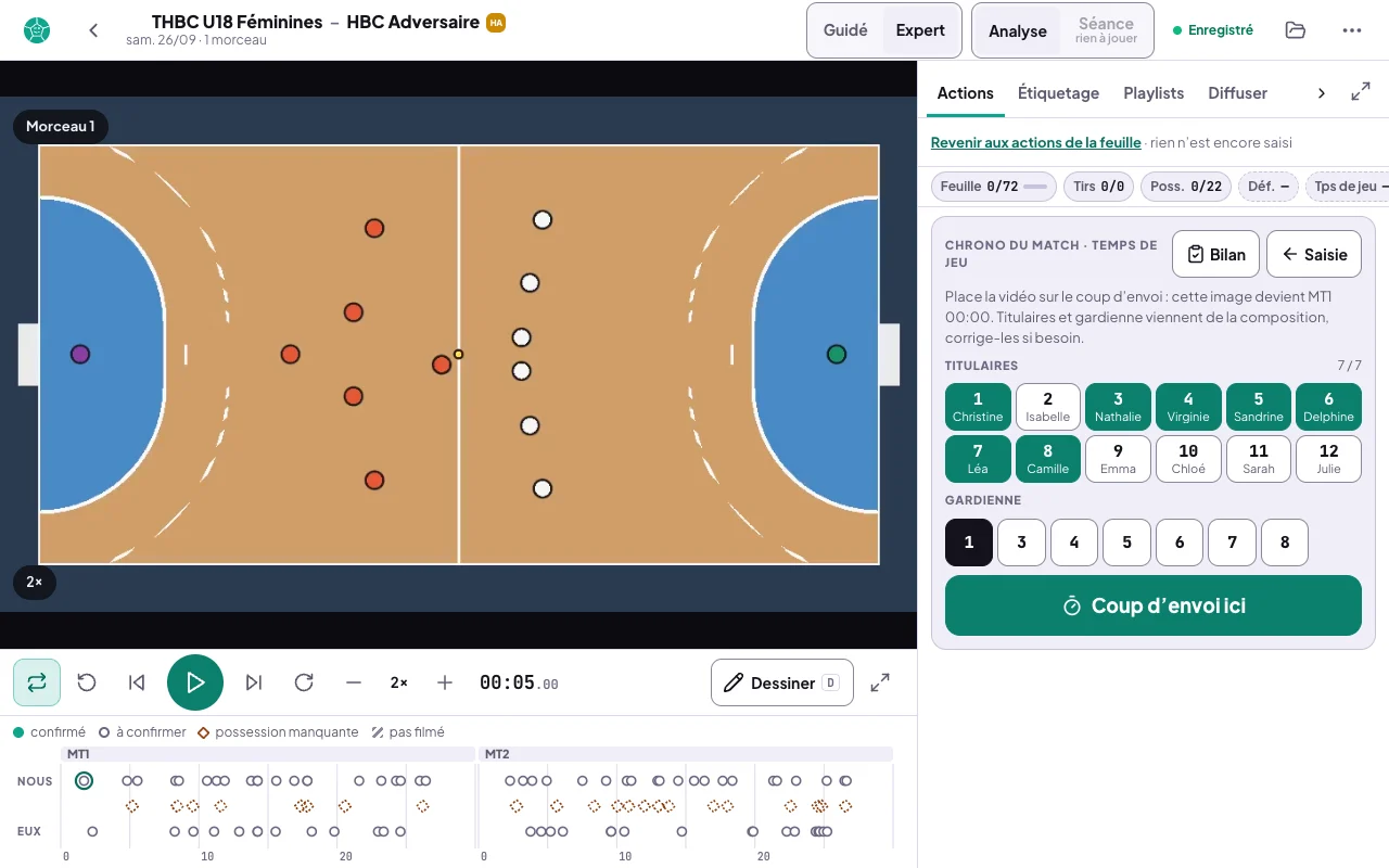 Écran vidéo, onglet Actions en saisie : la vidéo sur l'engagement et la carte Chrono du match, temps de jeu : Place la vidéo sur le coup d'envoi, cette image devient MT1 00:00 ; Titulaires 7 sur 7 cochées ; Gardienne n° 1 ; bouton Coup d'envoi ici
