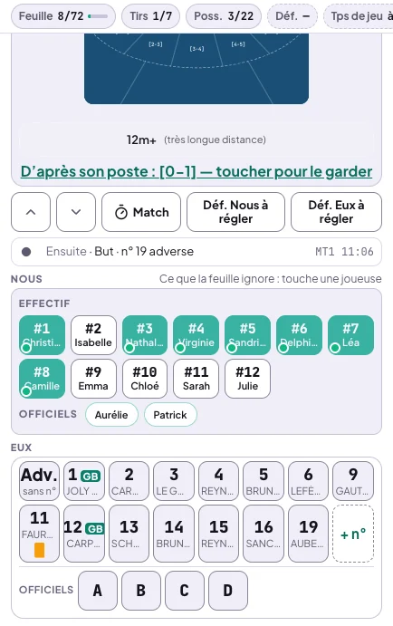 Panneau de saisie, la bande Nous et Eux dépliée : sous le pavé du tir et sa proposition D'après son poste, la rangée précédent, suivant, Match, Déf. Nous à régler, Déf. Eux à régler ; Nous, Ce que la feuille ignore : touche une joueuse, les joueuses de l'équipe et les officiels ; Eux, les numéros adverses, Adv. sans numéro, les gardiennes marquées GB et les officiels