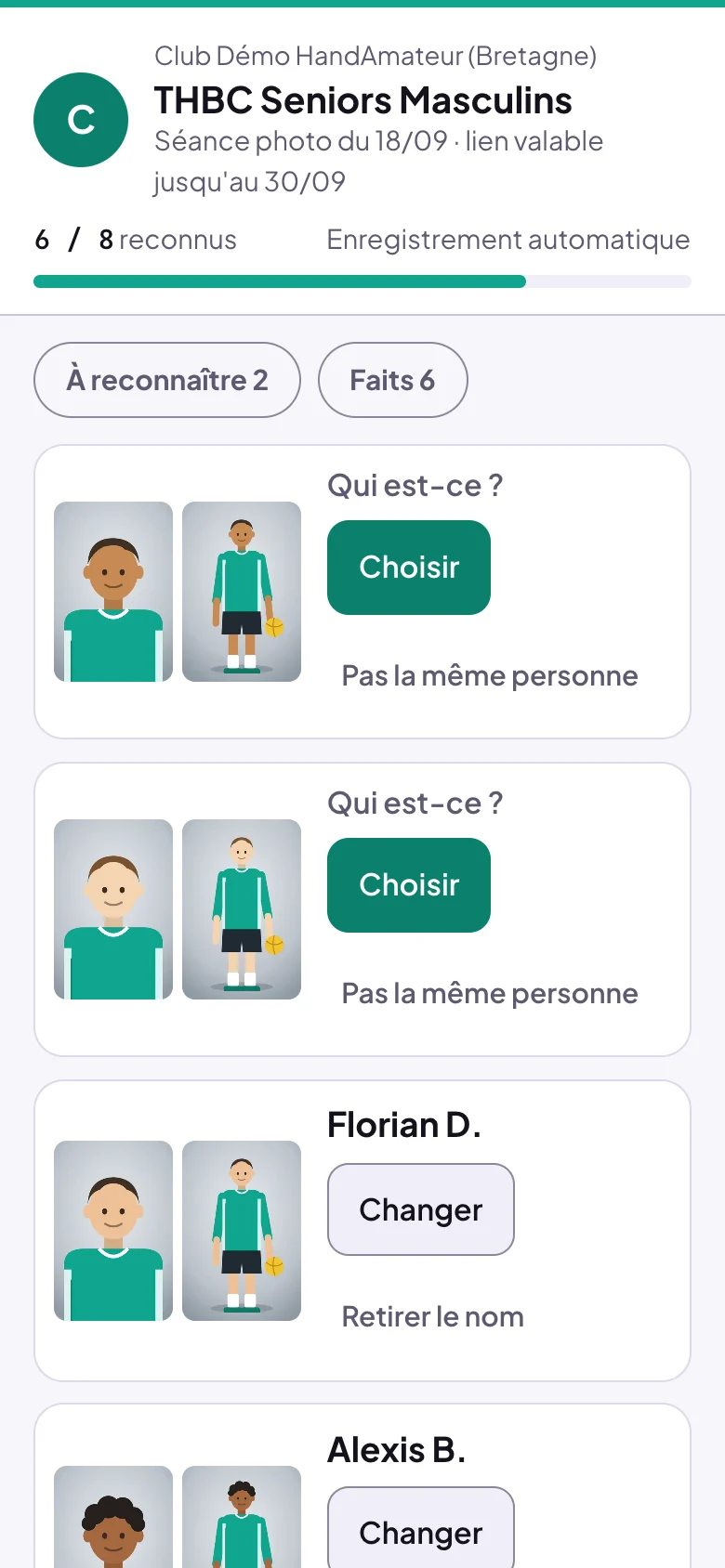 Page du coach sur téléphone : l'équipe, la séance, 6 sur 8 reconnus, les filtres À reconnaître et Faits, deux groupes à reconnaître avec Choisir et Pas la même personne, puis les groupes déjà nommés avec Changer et Retirer le nom