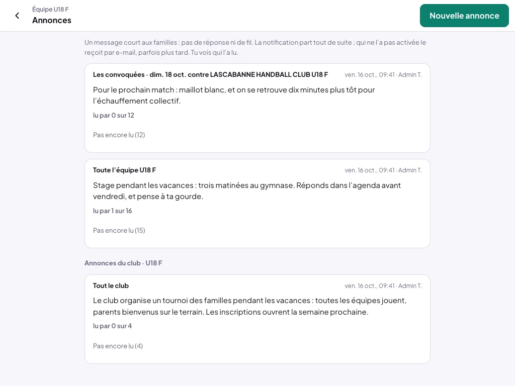 Écran Annonces de l'équipe U18 F : Nouvelle annonce ; la phrase sur les annonces ; une annonce aux convoquées du match de dimanche, lu par 0 sur 12, Pas encore lu (12) ; une annonce à toute l'équipe, lu par 1 sur 16 ; et dans Annonces du club, une annonce à tout le club, lu par 0 sur 4