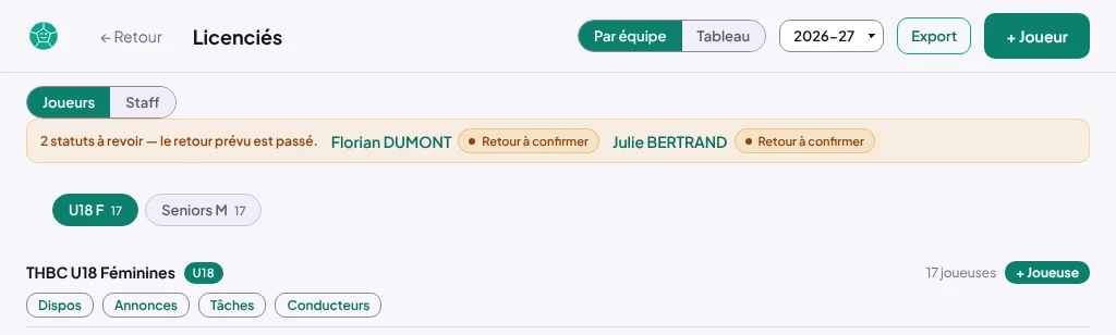 Écran Licenciés du coach des U18 F : en haut Par équipe, saison 2026-27, Export, + Joueur ; l'onglet U18 F ; sous THBC U18 Féminines et + Joueuse, les entrées de l'espace famille Familles, Dispos, Annonces, Tâches et Conducteurs