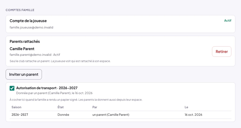 Bloc Comptes famille d'une fiche de joueuse : Compte de la joueuse, Actif ; Parents rattachés, un parent actif et le bouton Retirer, avec Seul le club rattache un parent ; Inviter un parent ; Autorisation de transport 2026-2027 cochée, donnée par un parent le 16 oct. 2026, et son historique par saison