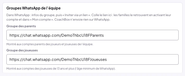 Carte Groupes WhatsApp de l'équipe : Dans WhatsApp, infos du groupe, puis Inviter via un lien ; Groupe des parents et Groupe des joueuses, chacun avec son lien chat.whatsapp.com ; montré aux comptes des joueuses de 13 ans et plus