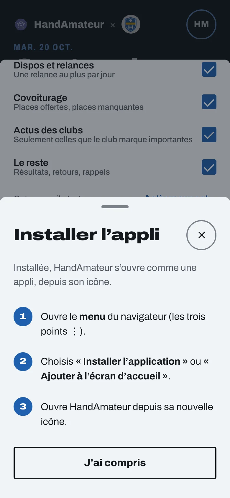 Feuille Installer l'appli : les étapes numérotées pour ce navigateur, et le bouton J'ai compris