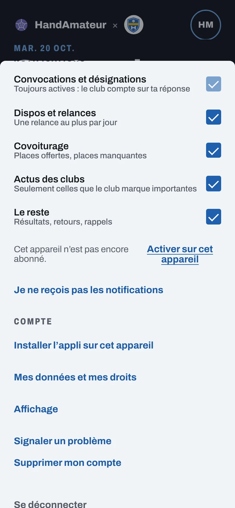 Section Notifications du compte : Convocations et désignations, toujours actives ; Dispos et relances ; Covoiturage ; Actus des clubs ; Le reste ; puis l'état de cet appareil